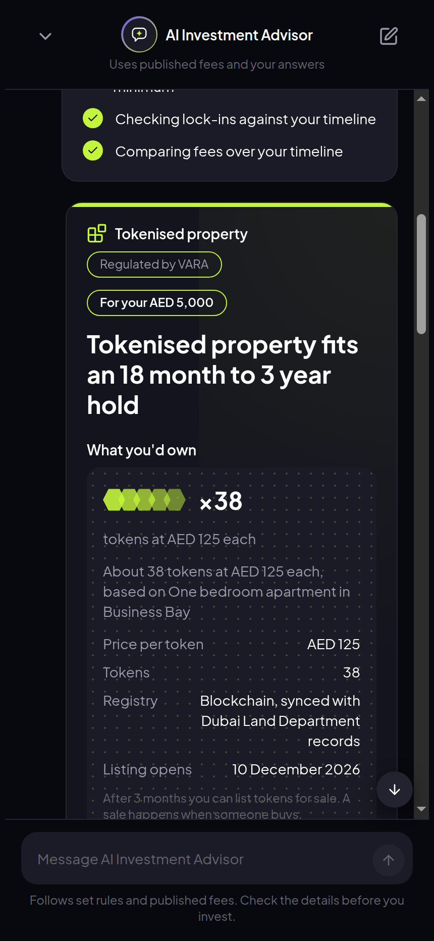 Tokenised recommendation card after: lime edge, token icon, VARA badge